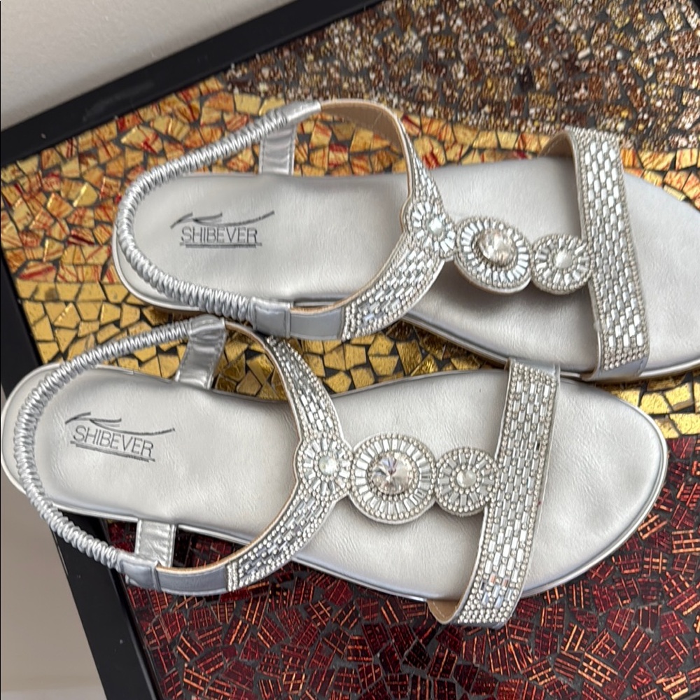 Silver T-Strap Sandals with Ornate Design